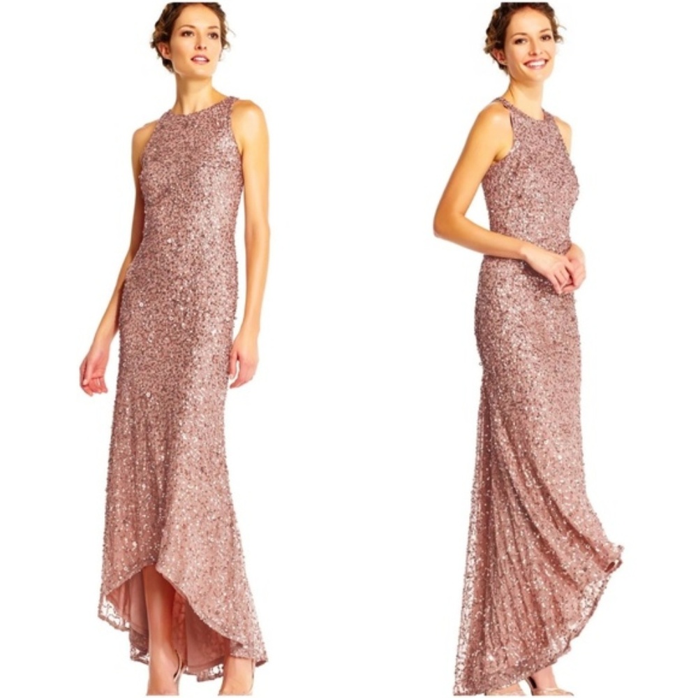 ADRIANNA PAPELL High Low Sequin Beaded Halter Gown